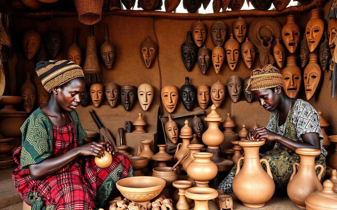 Artesãos a trabalhar máscaras e olaria tradicional (imagem ilustrativa).